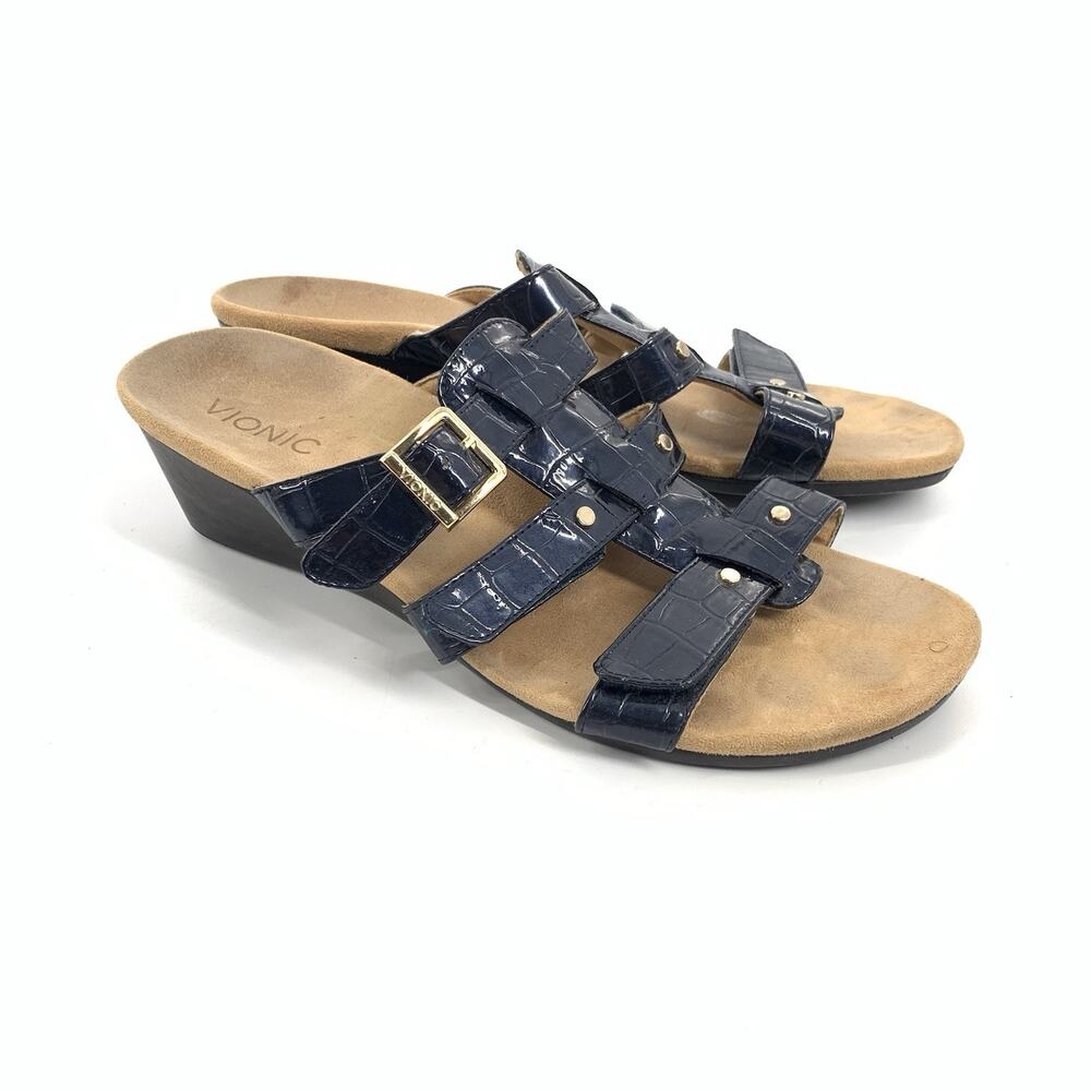 $130 Vionic Radia Slip On Comfort Wedge Sandals Size 10 Womens Navy Blue Walking